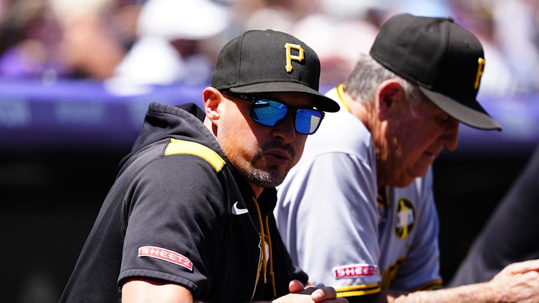 Aug 3, 2025; Denver, Colorado, USA; Pittsburgh Pirates manager Don Kelly (12) during the first inning against the Colorado Rockies at Coors Field. Mandatory Credit: Ron Chenoy-Imagn Images