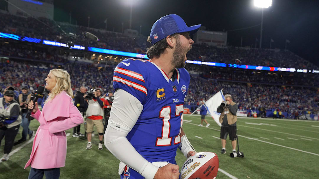 Buffalo Bills quarterback Josh Allen yells after his team won 41-40 in the final seconds against the Baltimore Ravens at Highmark Stadium in Orchard Park.