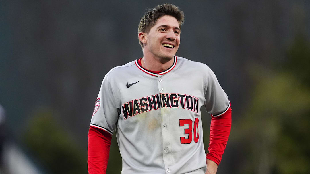 Apr 20, 2025; Denver, Colorado, USA; Washington Nationals center fielder Jacob Young (30) reacts during the game against the Colorado Rockies in the at Coors Field.