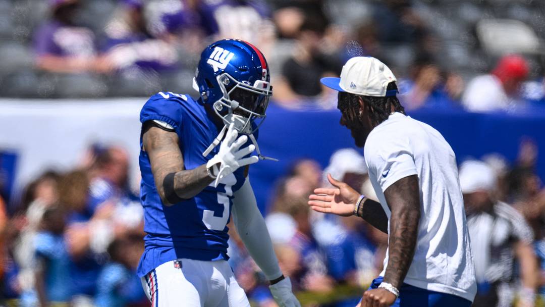 Aug 15, 2026; East Rutherford, New Jersey, USA; New York Giants wide receiver Odell Beckham Jr. (3) and wide receiver Malik Nabers (1) slap hands during warm ups before the game against the Minnesota Vikings at MetLife Stadium. Aug 15, 2026; East Rutherford, New Jersey, USA; New York Giants wide receiver Odell Beckham Jr. (3) and wide receiver Malik Nabers (1) slap hands during warm ups before the game against the Minnesota Vikings at MetLife Stadium.
