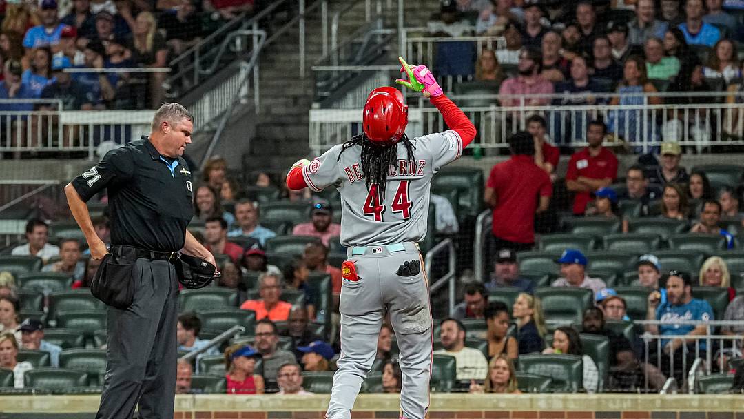 Sep 22, 2026; Cumberland, Georgia, USA; Cincinnati Reds shortstop Elly De La Cruz (44) reacts after hitting a home run against the Atlanta Braves during the third inning at Truist Park. Mandatory Credit: Dale Zanine-Imagn Images