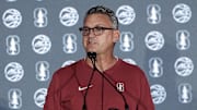 Oct 9, 2024; Charlotte, NC, USA;   Stanford head coach Kyle Smith during ACC Media Days at The Hilton Charlotte Uptown. Mandatory Credit: Jim Dedmon-Imagn Images