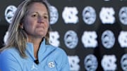 Oct 9, 2024; Charlotte, NC, USA; North Carolina head coach Courtney Banghart during ACC Media Days at The Hilton Charlotte Uptown. Mandatory Credit: Jim Dedmon-Imagn Images