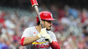 Jul 22, 2025; Denver, Colorado, USA; St. Louis Cardinals third baseman Nolan Arenado (28) on deck in the first inning against the Colorado Rockies at Coors Field. Mandatory Credit: Ron Chenoy-Imagn Images