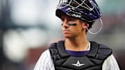 Aug 17, 2024; Denver, Colorado, USA; Colorado Rockies catcher Drew Romo (3) during the first inning against the San Diego Padres at Coors Field. Mandatory Credit: Ron Chenoy-Imagn Images