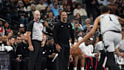 Nov 7, 2025; San Antonio, Texas, USA;  Houston Rockets head coach Ime Udoka watches gameplay during the second quarter against the San Antonio Spurs at Frost Bank Center. Mandatory Credit: Dustin Safranek-Imagn Images