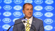 Jul 22, 2024; Charlotte, NC, USA; ACC commissioner Jim Phillips speaks to the media during ACC Kickoff at Hilton Charlotte Uptown.