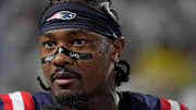 New England Patriots wide receiver Stefon Diggs talks with a sideline reporter before the Bills home game against the New England Patriots at Highmark Stadium in Orchard Park on Oct. 5, 2025.
