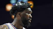 Dec 30, 2024; Portland, Oregon, USA; Philadelphia 76ers center Joel Embiid (21) looks on during the first half against the Portland Trail Blazers at Moda Center. Mandatory Credit: Soobum Im-Imagn Images