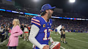 Buffalo Bills quarterback Josh Allen yells after his team won 41-40 in the final seconds against the Baltimore Ravens at Highmark Stadium in Orchard Park.