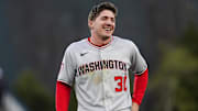 Apr 20, 2025; Denver, Colorado, USA; Washington Nationals center fielder Jacob Young (30) reacts during the game against the Colorado Rockies in the at Coors Field.