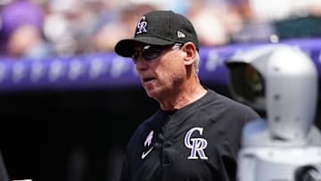 May 11, 2025; Denver, Colorado, USA; Colorado Rockies manager Bud Black (10) during the first inning against the San Diego Padres at Coors Field. Mandatory Credit: Ron Chenoy-Imagn Images