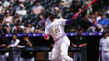 May 11, 2025; Denver, Colorado, USA; Colorado Rockies Colorado Rockies designated hitter Hunter Goodman (15) in the seventh inning against the San Diego Padres at Coors Field. Mandatory Credit: Ron Chenoy-Imagn Images