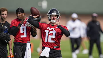 Jul 24, 2025; Flowery Branch, GA, USA; Atlanta Falcons quarterback Easton Stick (12) passes the ball during training camp at IBM Performance Field. Mandatory Credit: Dale Zanine-Imagn Images