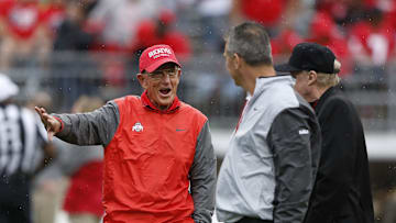 Apr 15, 2017; Columbus, OH, USA; Ohio State Buckeyes head coach Urban Meyer (center), Lou Holtz, (left), and Nike founder Phil Knight prior to the annual spring game at Ohio Stadium. Mandatory Credit: Joe Maiorana-Imagn Images