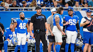 Detroit Lions head coach Dan Campbell watches a play against Houston Texans during the second half at Ford Field in Detroit on Saturday, August 23, 2025.