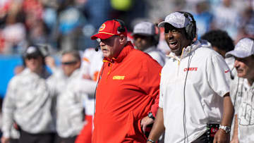 Nov 24, 2024; Charlotte, North Carolina, USA; Kansas City Chiefs head coach Andy Reid watches his offense during the first quarter against the Carolina Panthers at Bank of America Stadium. Mandatory Credit: Jim Dedmon-Imagn Images