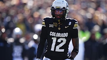 Nov 29, 2024; Boulder, Colorado, USA; Colorado Buffaloes wide receiver Travis Hunter (12) during the first quarter against the Oklahoma State Cowboys  at Folsom Field. Mandatory Credit: Ron Chenoy-Imagn Images