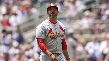 Apr 23, 2025; Cumberland, Georgia, USA; St. Louis Cardinals manager Oliver Marmol (37) on the field to change pitchers against the Atlanta Braves during the seventh inning at Truist Park.