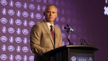 Jul 22, 2024; Charlotte, NC, USA;  Florida State head coach Mike Norvell speaks to the media during ACC Kickoff at Hilton Charlotte Uptown. Mandatory Credit: Jim Dedmon-USA TODAY Sports