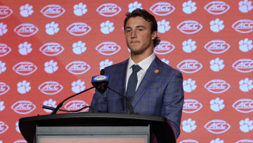 Jul 25, 2024; Charlotte, NC, USA;  Clemson Tigers quarterback Cade Klubnik speaks to the media during the ACC Kickoff at Hilton Charlotte Uptown. Mandatory Credit: Jim Dedmon-USA TODAY Sports