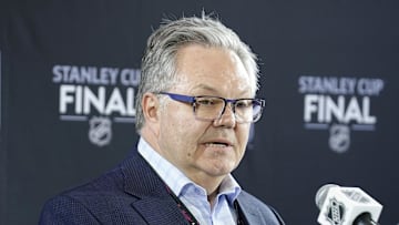 Jun 2, 2023; Las Vegas, Nevada, USA; Vegas Golden Knights general manager Kelly McCrimmon answers questions to the press during media day in advance of the 2023 Stanley Cup Final. Mandatory Credit: Lucas Peltier-Imagn Images