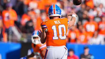 Oct 6, 2024; Denver, Colorado, USA; Denver Broncos quarterback Bo Nix (10) passes to running back Jaleel McLaughlin (38) for a touchdown in the third quarter against the Las Vegas Raiders at Empower Field at Mile High. Mandatory Credit: Ron Chenoy-Imagn Images