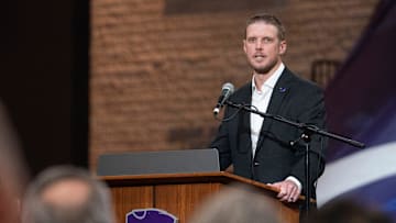 Kansas State new head football coach Collin Klein makes remarks at his introduction ceremony at Morgan Family Arena on Dec. 5, 2025.