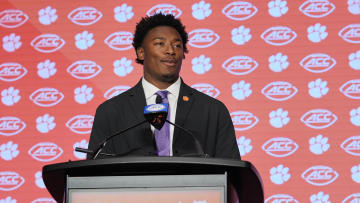 Jul 25, 2024; Charlotte, NC, USA;  Clemson Tigers linebacker Barrett Carter speaks to the media during the ACC Kickoff at Hilton Charlotte Uptown.