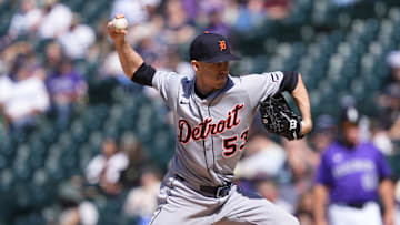 May 8, 2025; Denver, Colorado, USA; Detroit Tigers relief pitcher Chase Lee (53) delivers a pitch in the ninth inning against the Colorado Rockies at Coors Field. Mandatory Credit: Ron Chenoy-Imagn Images
