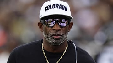 Oct 11, 2025; Boulder, Colorado, USA; Colorado Buffaloes head coach Deion Sanders before the game against the Iowa State Cyclones  at Folsom Field. Mandatory Credit: Ron Chenoy-Imagn Images
