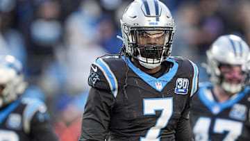 Dec 22, 2024; Charlotte, North Carolina, USA; Carolina Panthers linebacker Jadeveon Clowney (7) during the second half against the Arizona Cardinals at Bank of America Stadium. Mandatory Credit: Jim Dedmon-Imagn Images