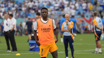 Aug 6, 2024; Charlotte, NC, USA; Real Madrid forward Vinicius Junior (7) warms up during the first half against Chelsea at Bank of America Stadium.