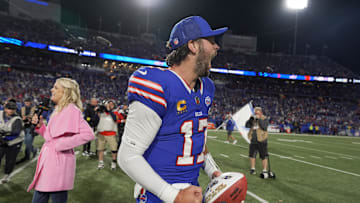 Buffalo Bills quarterback Josh Allen yells after his team won 41-40 in the final seconds against the Baltimore Ravens at Highmark Stadium in Orchard Park.