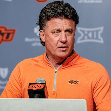 Oklahoma State head football coach Mike Gundy speaks during a press conference at Boone Pickens Stadium in Stillwater Okla., on Thursday, Jan. 23, 2025.