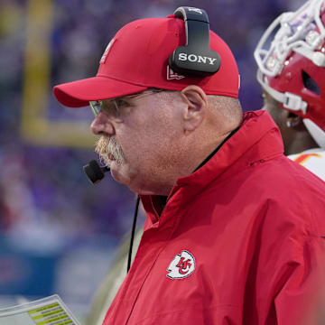 Kansas City Chiefs head coach Andy Reid watches the offense on the field during first half action against the Kansas City Chiefs at Highmark Stadium in Orchard Park on Nov. 2, 2025.