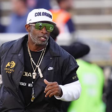 Nov 1, 2025; Boulder, Colorado, USA; Colorado Buffaloes head coach Deion Sanders before the game against the Arizona Wildcats at Folsom Field. Mandatory Credit: Ron Chenoy-Imagn Images
