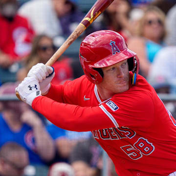 Mar 16, 2024; Tempe, Arizona, USA; Los Angeles Angels infielder Eric Wagaman (58) at bat in the eighth during a spring training game against the Chicago Cubs at Tempe Diablo Stadium.