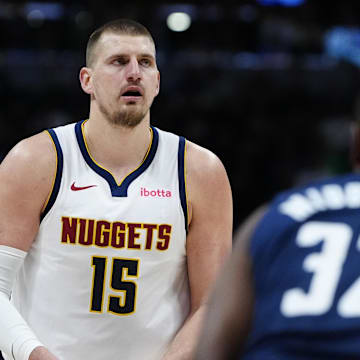 Mar 15, 2025; Denver, Colorado, USA; Denver Nuggets center Nikola Jokic (15) during the second quarter against the Washington Wizards at Ball Arena. Mandatory Credit: Ron Chenoy-Imagn Images