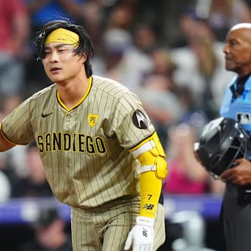 Aug 16, 2024; Denver, Colorado, USA; San Diego Padres shortstop Ha-Seong Kim (7) reacts after striking out in the eighth inning against the Colorado Rockies at Coors Field. Mandatory Credit: Ron Chenoy-Imagn Images