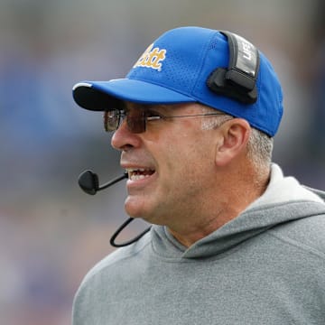 Nov 4, 2023; Pittsburgh, Pennsylvania, USA;  Pittsburgh Panthers head coach Pat Narduzzi reacts on the sidelines against the Florida State Seminoles during the first quarter at Acrisure Stadium. Mandatory Credit: Charles LeClaire-Imagn Images