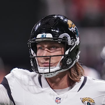 Aug 23, 2024; Atlanta, Georgia, USA; Jacksonville Jaguars quarterback Trevor Lawrence (16) gestures on the field during the game against the Atlanta Falcons during the first half at Mercedes-Benz Stadium. Mandatory Credit: Dale Zanine-Imagn Images