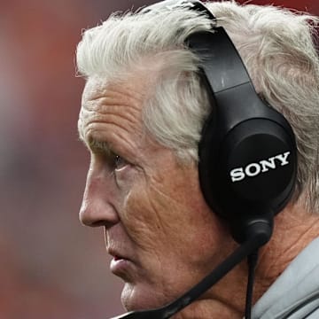 Nov 6, 2025; Denver, Colorado, USA; Las Vegas Raiders head coach Pete Carroll during the second half at Empower Field at Mile High. Mandatory Credit: Ron Chenoy-Imagn Images
