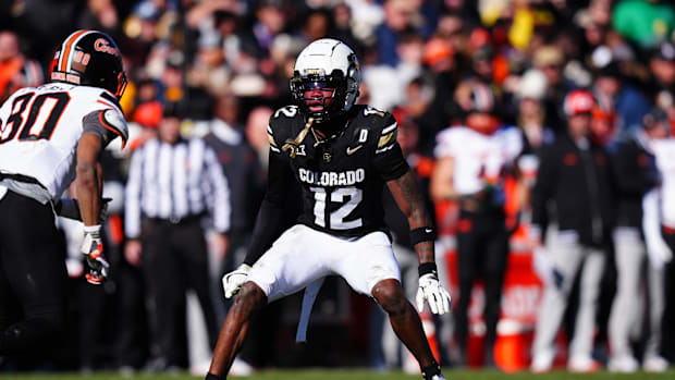 Nov 29, 2024; Boulder, Colorado, USA; Colorado Buffaloes cornerback Travis Hunter (12) during  the second quarter against the