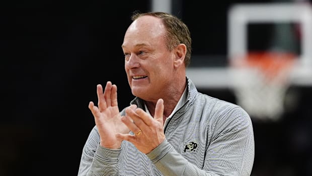 Mar 8, 2025; Boulder, Colorado, USA; Colorado Buffaloes athletic director Rick George claps during the first half against the