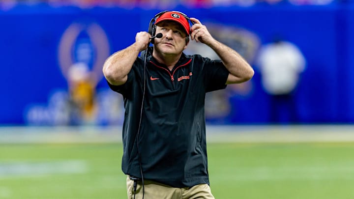 Jan 2, 2025; New Orleans, LA, USA;  Georgia Bulldogs head coach Kirby Smart looks on against the Notre Dame Fighting Irish during the first half at Caesars Superdome. Mandatory Credit: Stephen Lew-Imagn Images