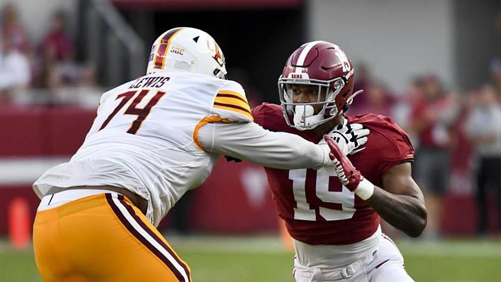 Sep 17, 2022; Tuscaloosa, Alabama, USA;  UL Monroe Warhawks offensive lineman Keydrell Lewis (74) blocks against Alabama Crimson Tide linebacker Keanu Koht (19) at Bryant-Denny Stadium. Alabama won 63-7. Mandatory Credit: Gary Cosby Jr.-USA TODAY Sports