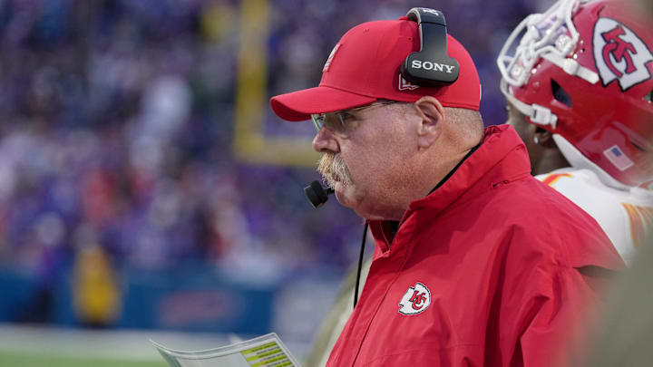Kansas City Chiefs head coach Andy Reid watches the offense on the field during first half action against the Kansas City Chiefs at Highmark Stadium in Orchard Park on Nov. 2, 2025.