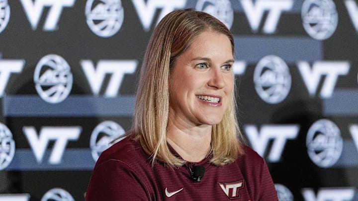 Oct 9, 2024; Charlotte, NC, USA;  Virginia Tech head coach Megan Duffy during ACC Media Days at The Hilton Charlotte Uptown. Mandatory Credit: Jim Dedmon-Imagn Images