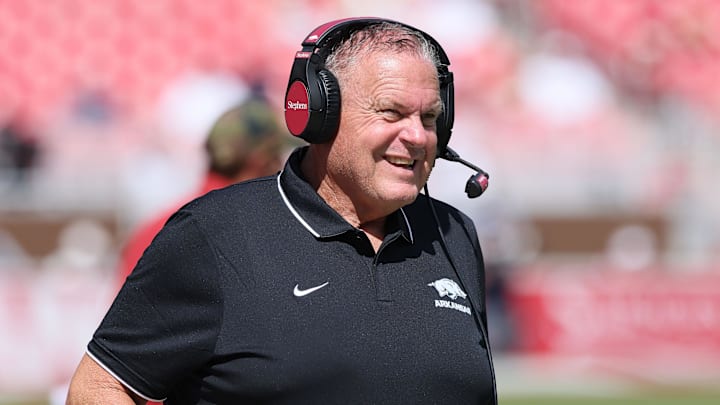 Sep 27, 2025; Fayetteville, Arkansas, USA; Arkansas Razorbacks head coach Sam Pittman during the fourth quarter against the Notre Dame Fighting Irish at Donald W. Reynolds Razorback Stadium. Notre Dame won 56-13. Mandatory Credit: Nelson Chenault-Imagn Images